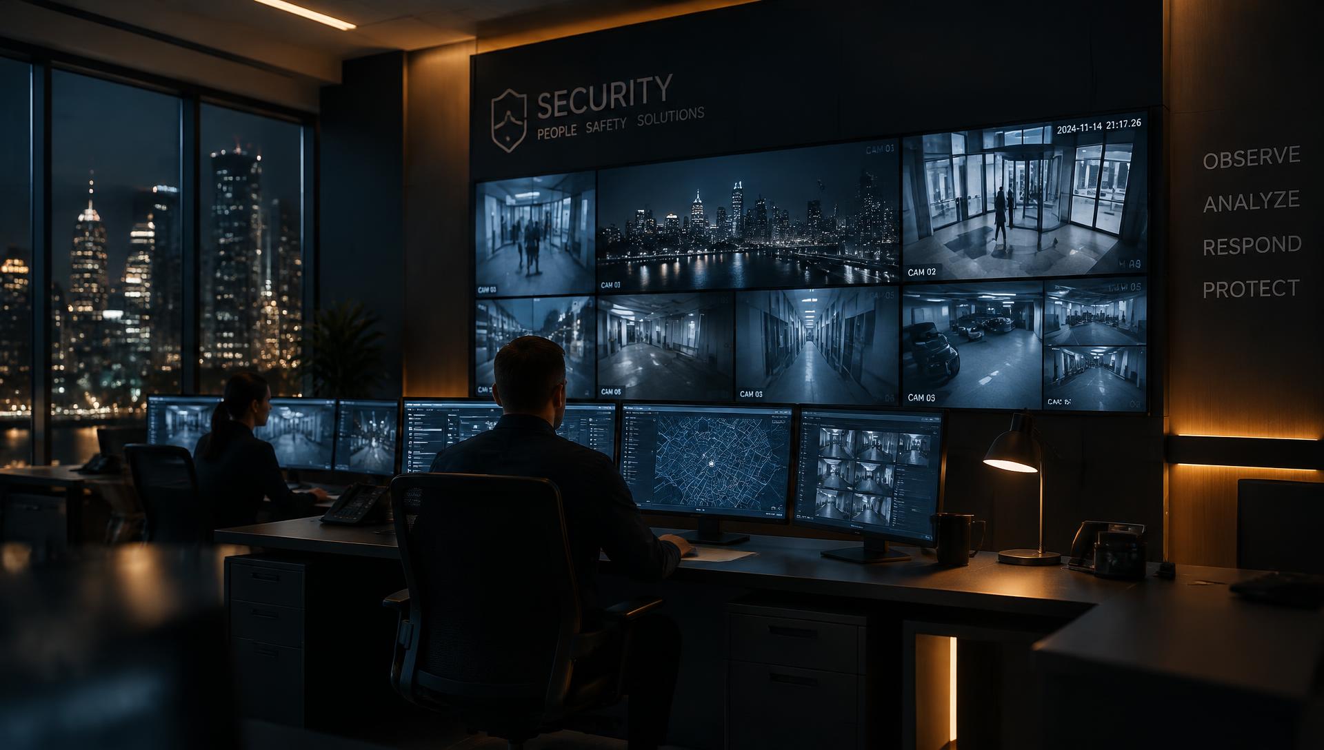 Security operations room with a wall of CCTV monitors